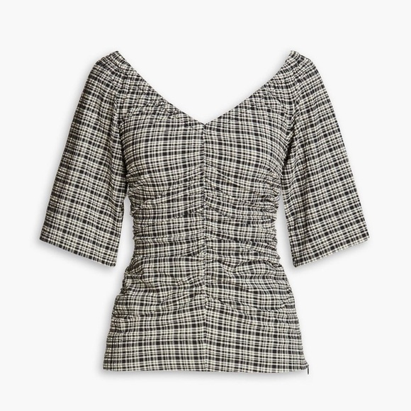 Ganni ruched gingham check blouse - Picture 1 of 5